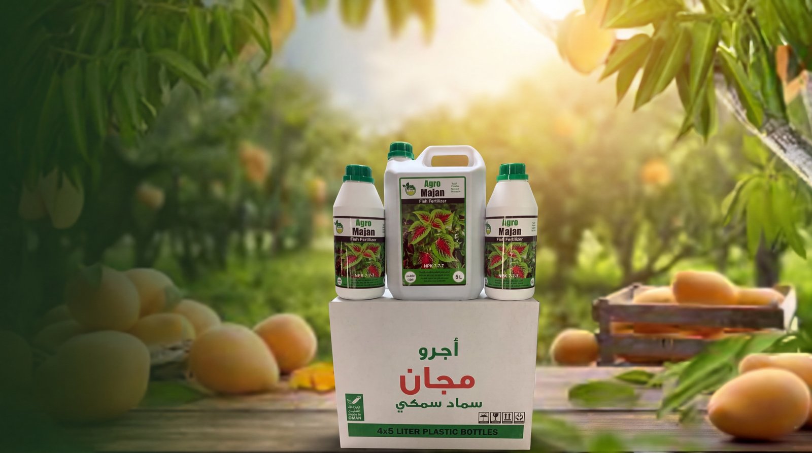 AgroMajan carton and bottles in a sunlit orchard